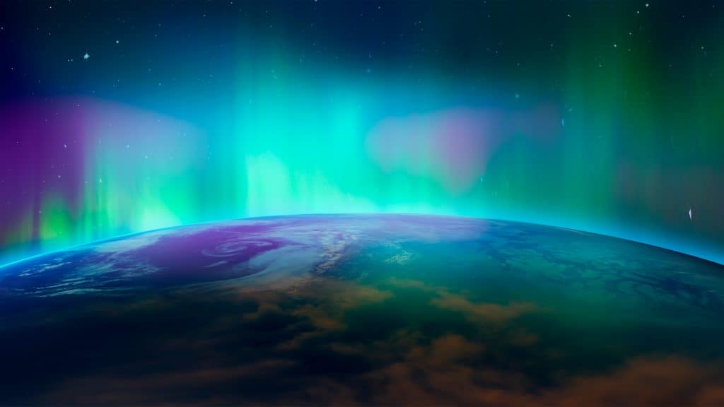 Visão do espaço de uma aurora boreal