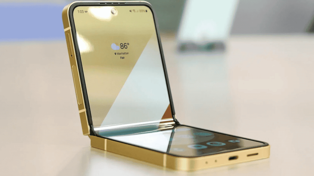 imagem mostra um telefone dobrável da samsung com chassi na cor ouro