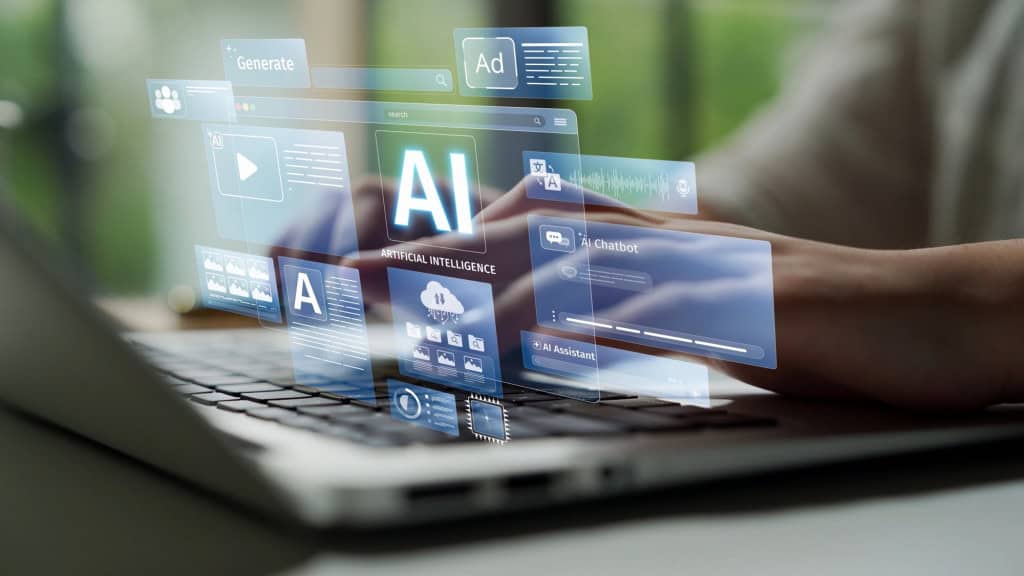 Pessoa usando notebook com elementos gráficos de inteligência artificial projetados sobre a tela, incluindo ícones de chatbot, geração de conteúdo e processamento de dados.
